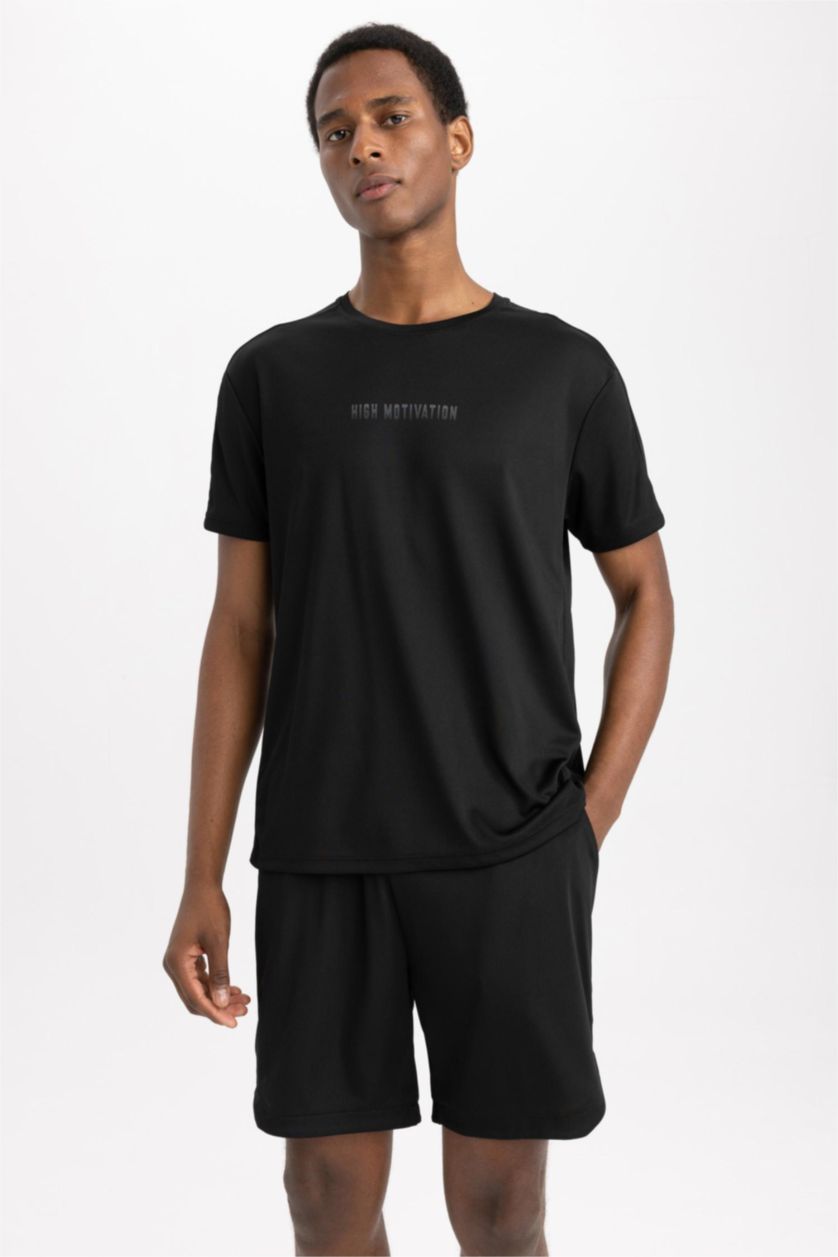 MAN Black Defacto Fit Standard Fit Crew Neck Printed Sports T-Shirt