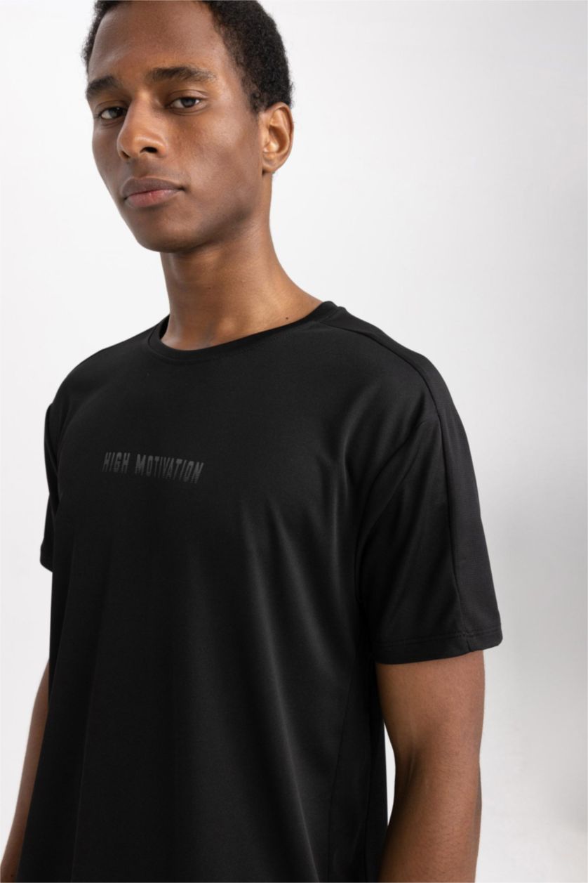 MAN Black Defacto Fit Standard Fit Crew Neck Printed Sports T-Shirt