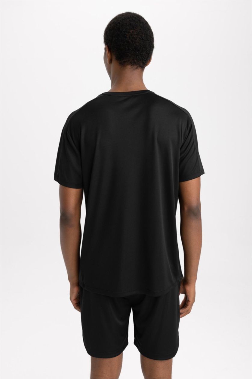 MAN Black Defacto Fit Standard Fit Crew Neck Printed Sports T-Shirt