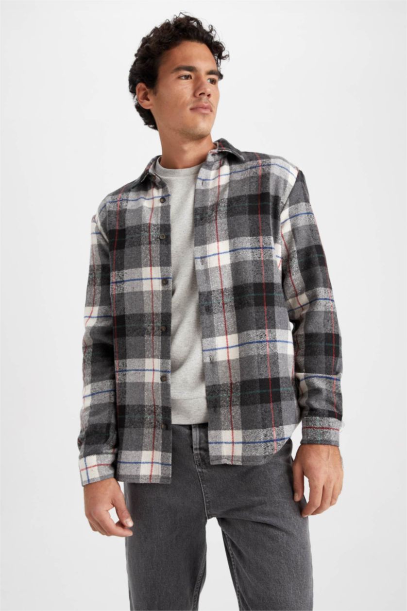 MAN Black Regular Fit Long Sleeve Check Print Shacket