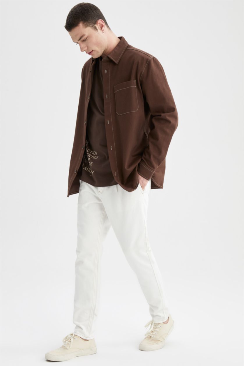 HOMME Marron Chemise en sergé à manches longues avec poche coupe décontractée