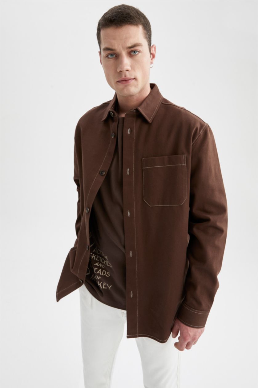 HOMME Marron Chemise en sergé à manches longues avec poche coupe décontractée