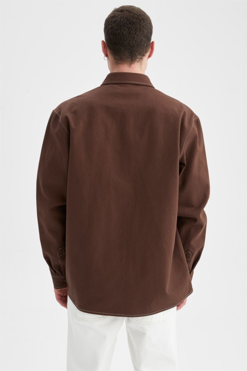 HOMME Marron Chemise en sergé à manches longues avec poche coupe décontractée