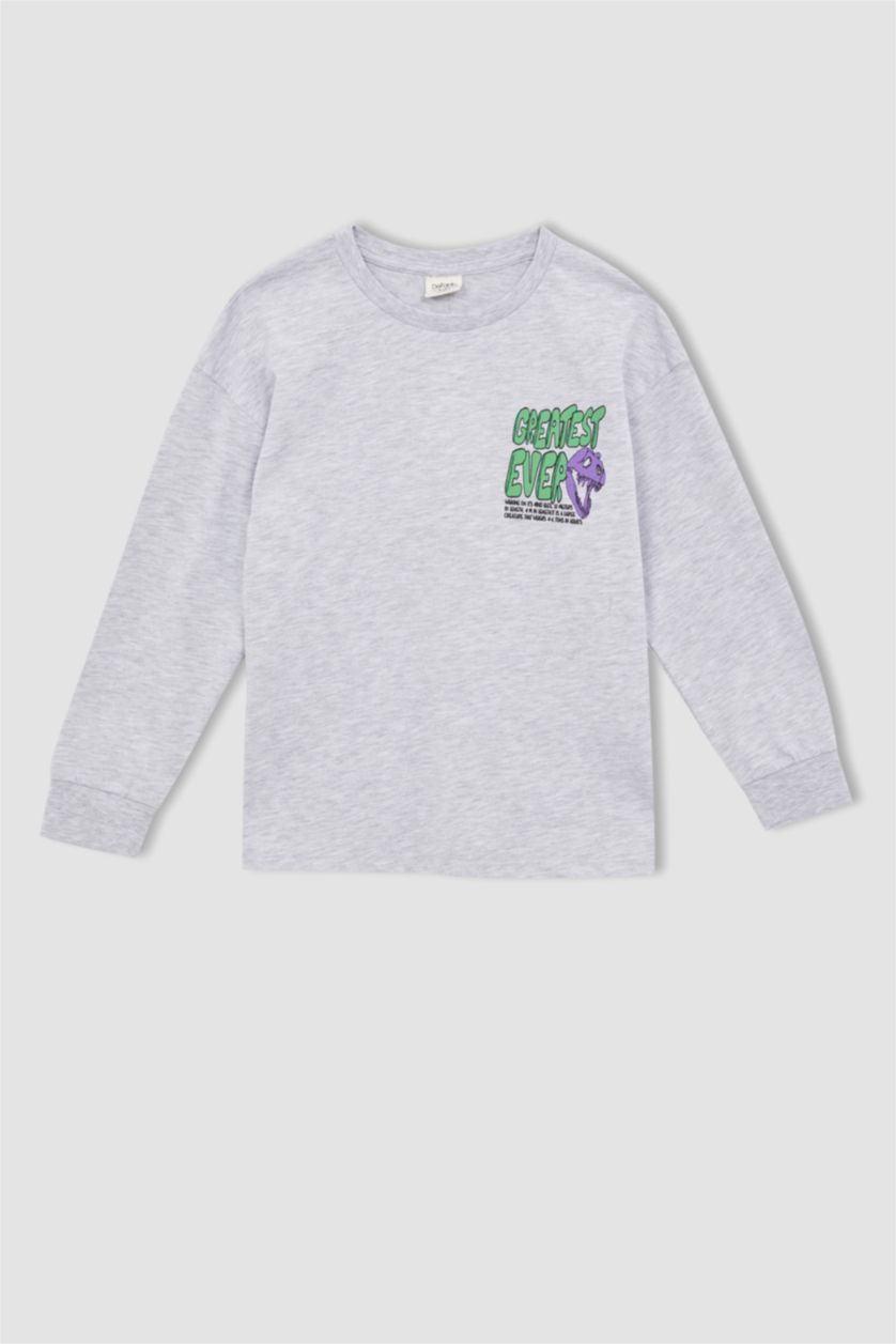 BOYS & TEENS Light Grey Melange Boy Oversized Fit Long Sleeve Printed Sweatshirt