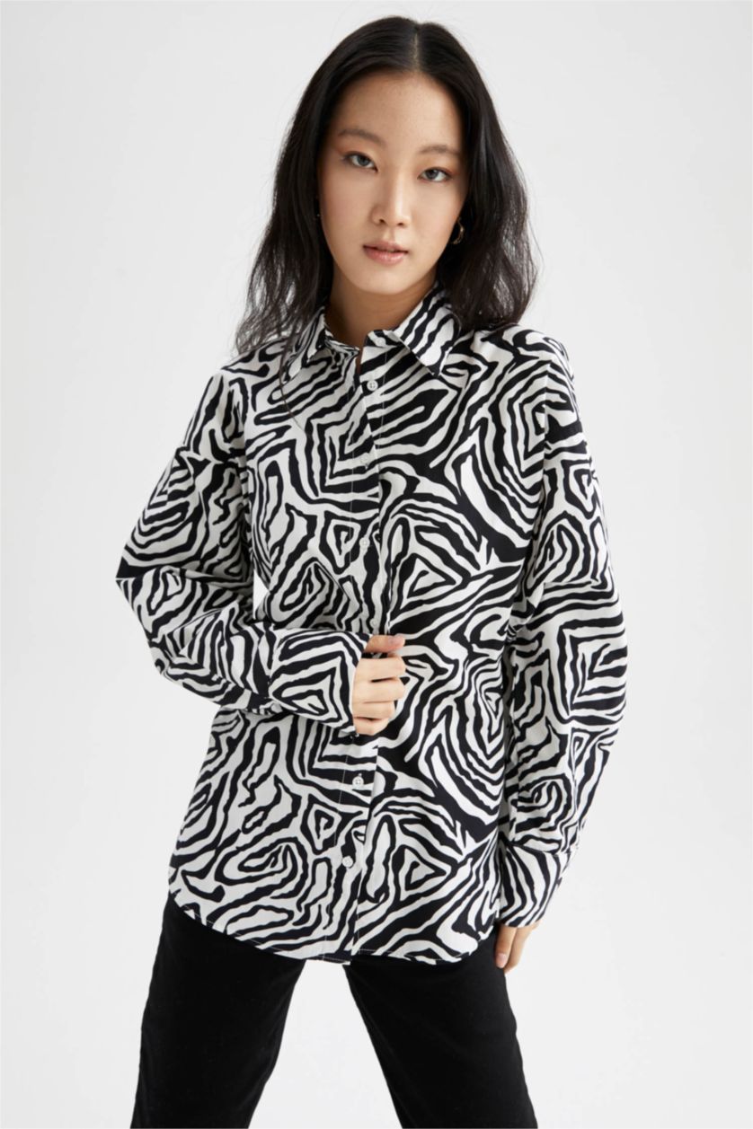 FEMME Écru Chemise oversize en popeline à manches longues et col chemise à motif zébré