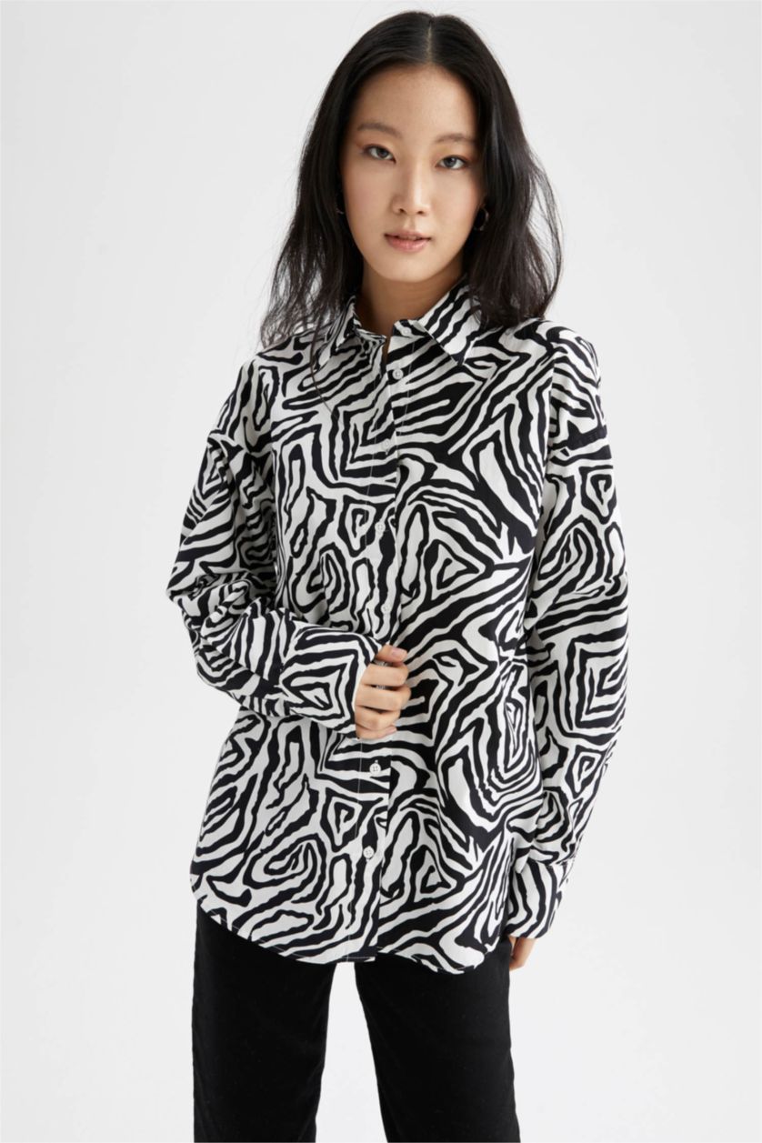 FEMME Écru Chemise oversize en popeline à manches longues et col chemise à motif zébré