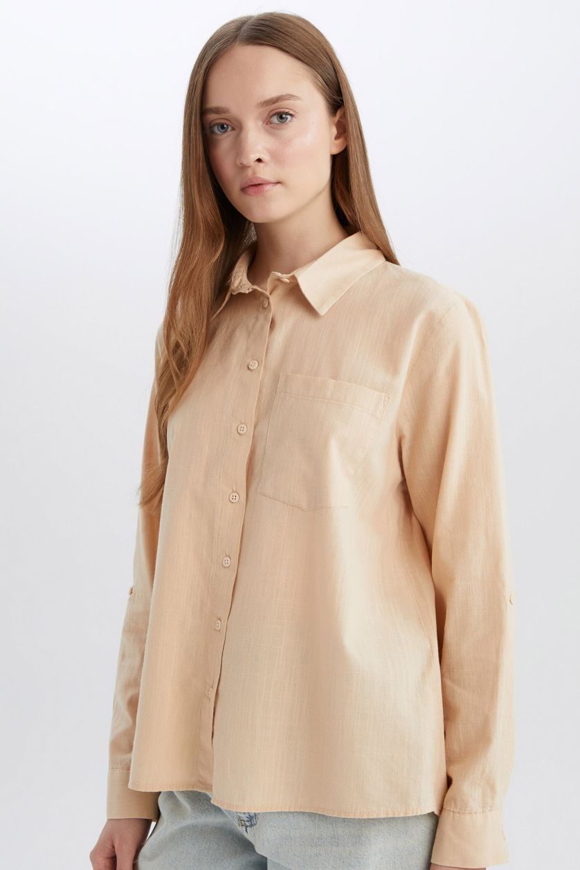 WOMAN Beige Regular Fit Basic Pocketed Long Sleeve Shirt