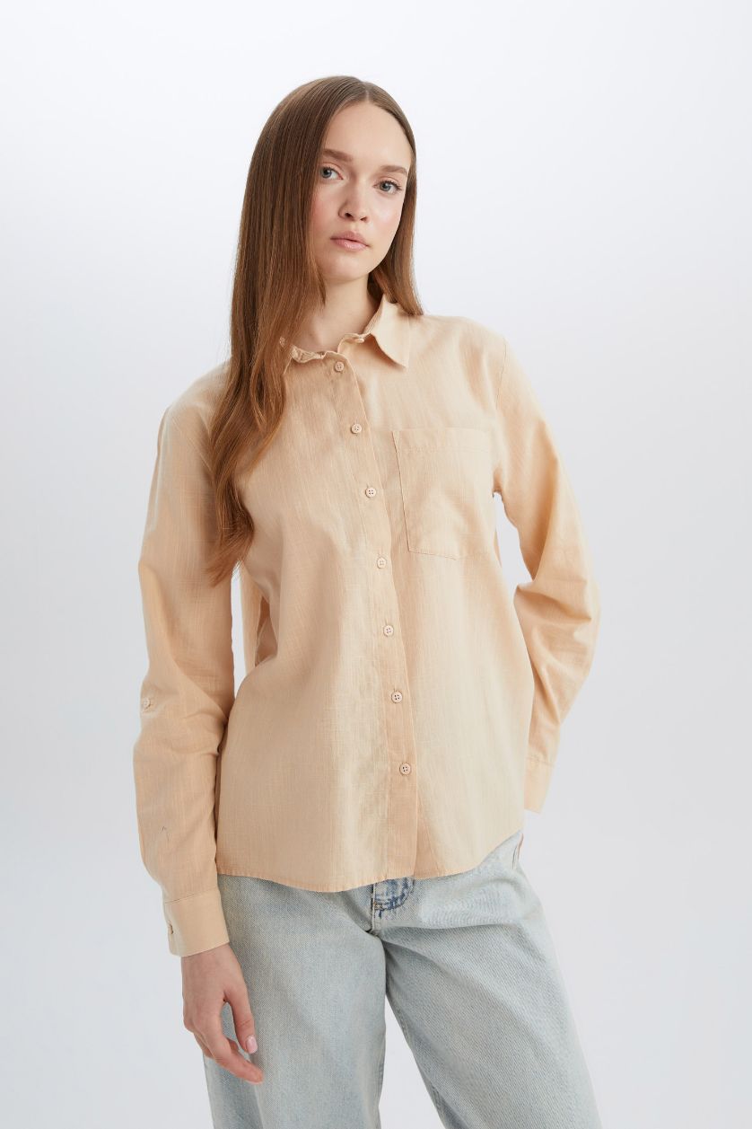 WOMAN Beige Regular Fit Basic Pocketed Long Sleeve Shirt