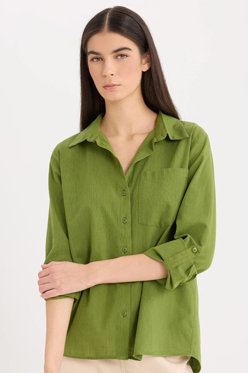 Woman Green Regular Fit Basic Pocketed Long Sleeve Shirt