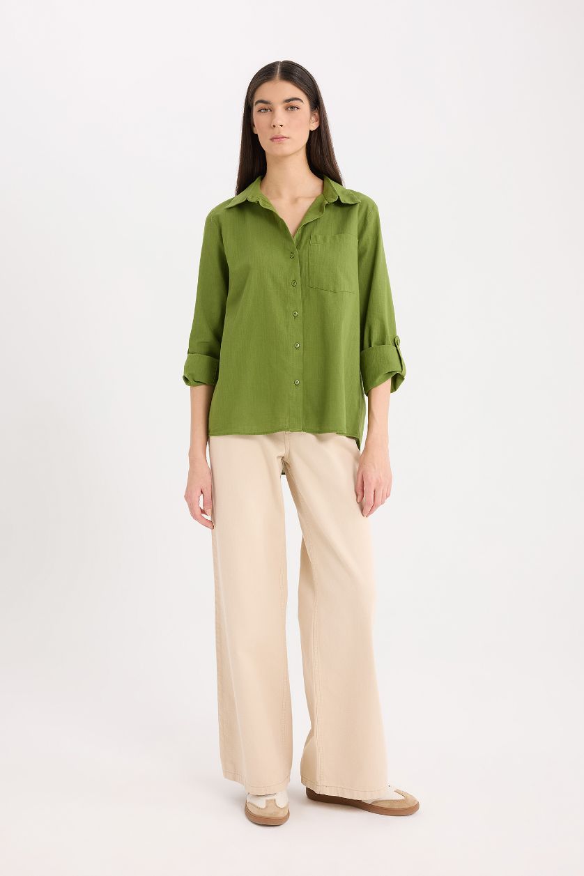 Woman Green Regular Fit Basic Pocketed Long Sleeve Shirt