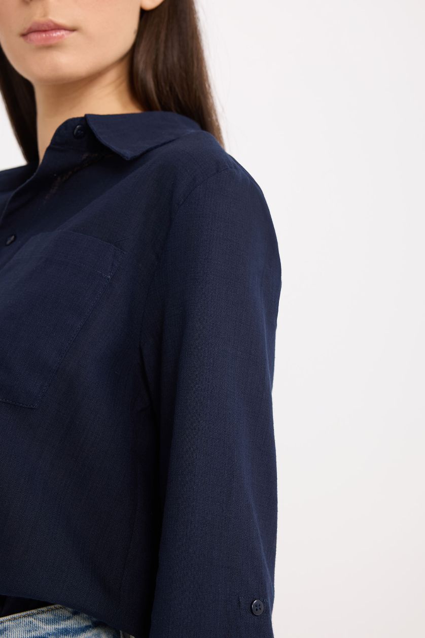 نساء كحلي قميص ردن طويل قصة عادية