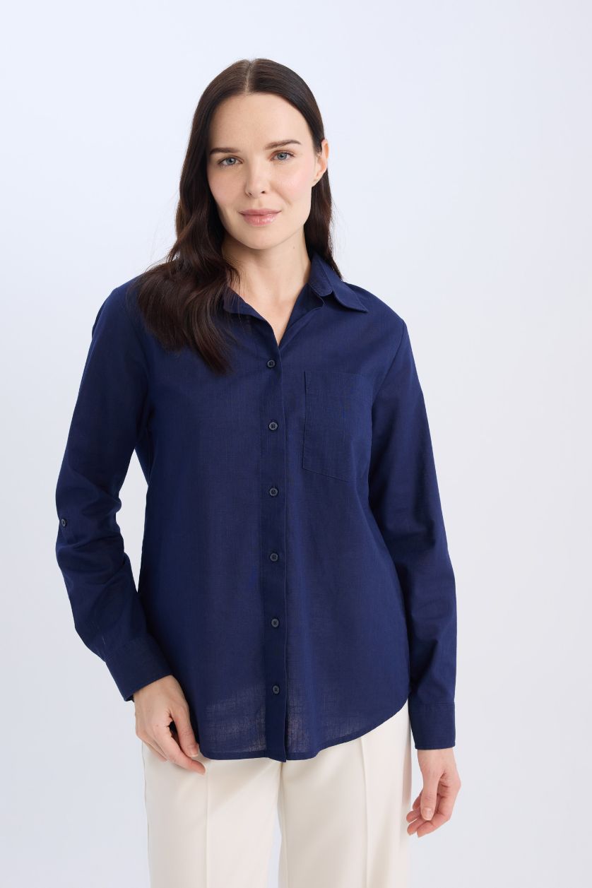 Woman NAVY Regular Fit Basic Pocket Long Sleeve Shirt