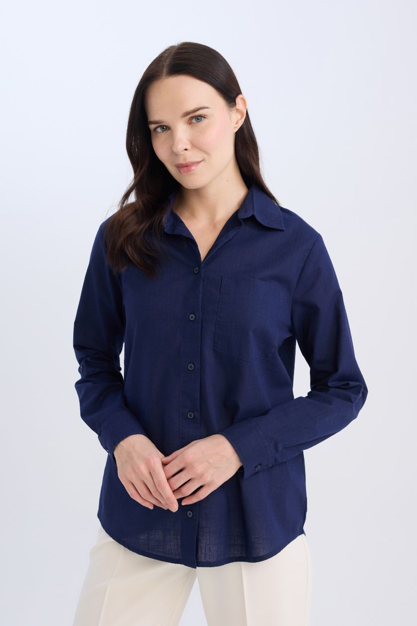 Woman NAVY Regular Fit Basic Pocket Long Sleeve Shirt
