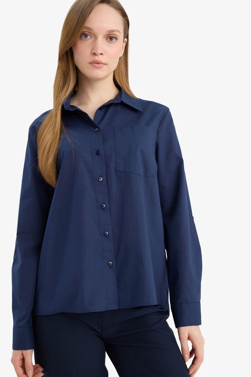 Woman NAVY Regular Fit Shirt Collar Long Sleeve Shirt
