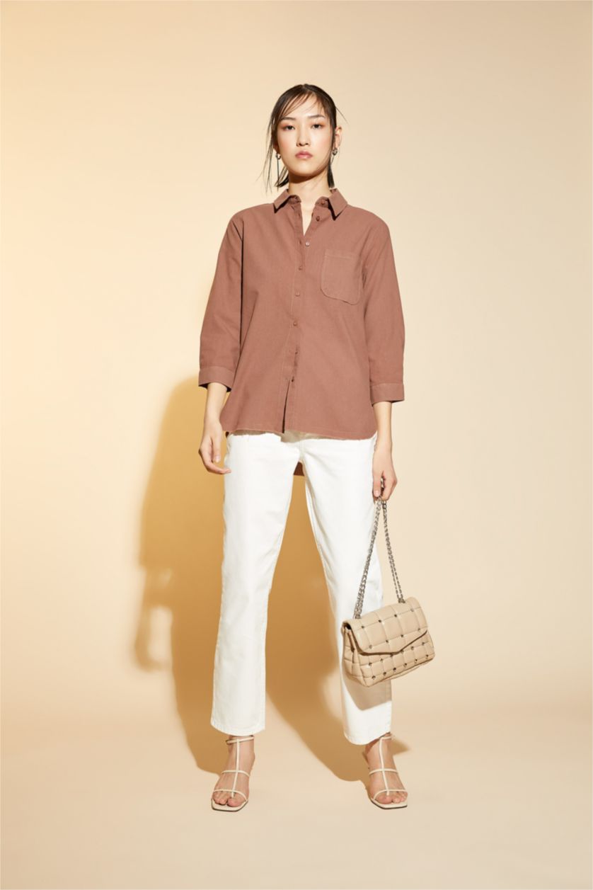 FEMME Marron Clair Chemise tunique en popeline à manches longues et col chemise coupe classique