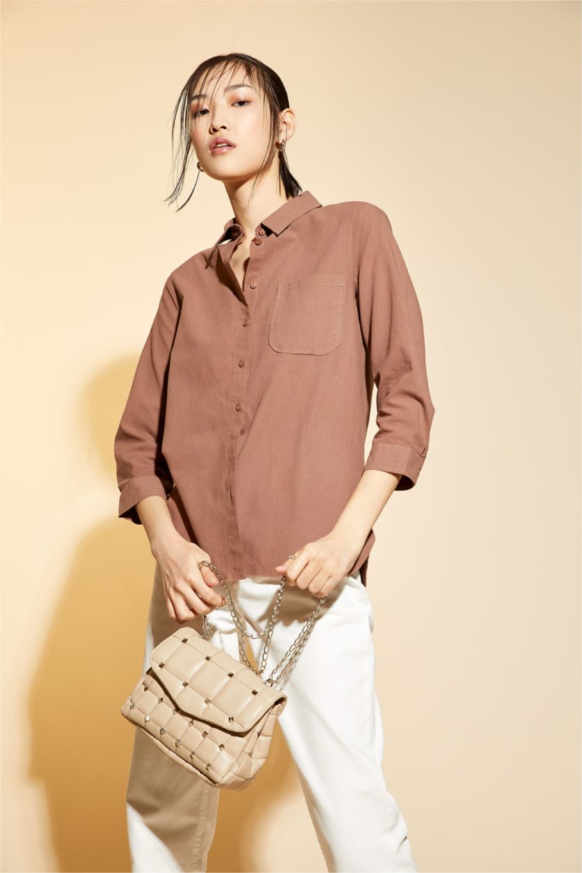 FEMME Marron Clair Chemise tunique en popeline à manches longues et col chemise coupe classique