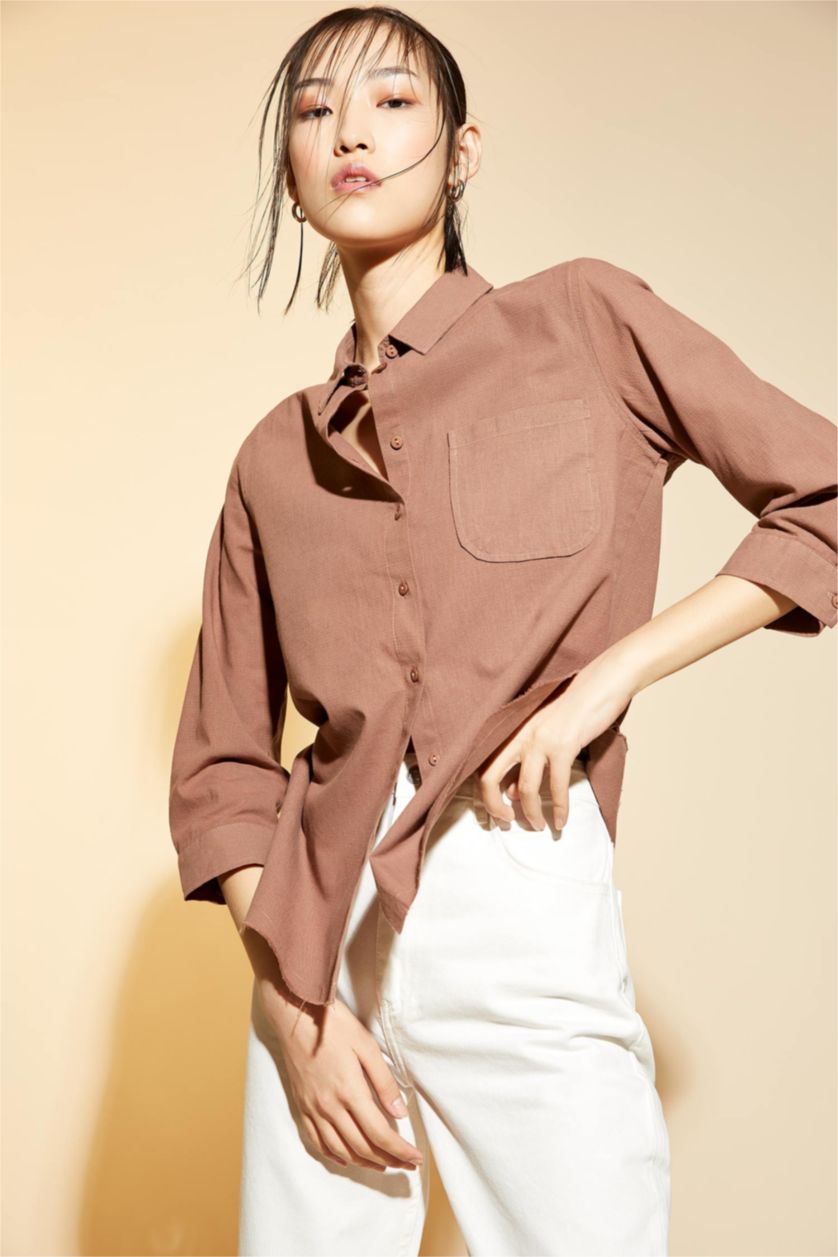 FEMME Marron Clair Chemise tunique en popeline à manches longues et col chemise coupe classique