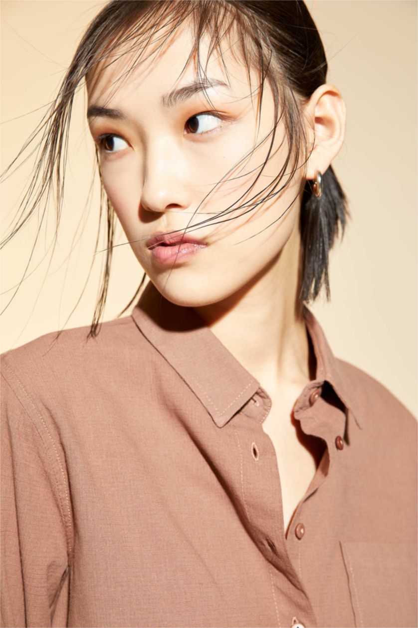 FEMME Marron Clair Chemise tunique en popeline à manches longues et col chemise coupe classique