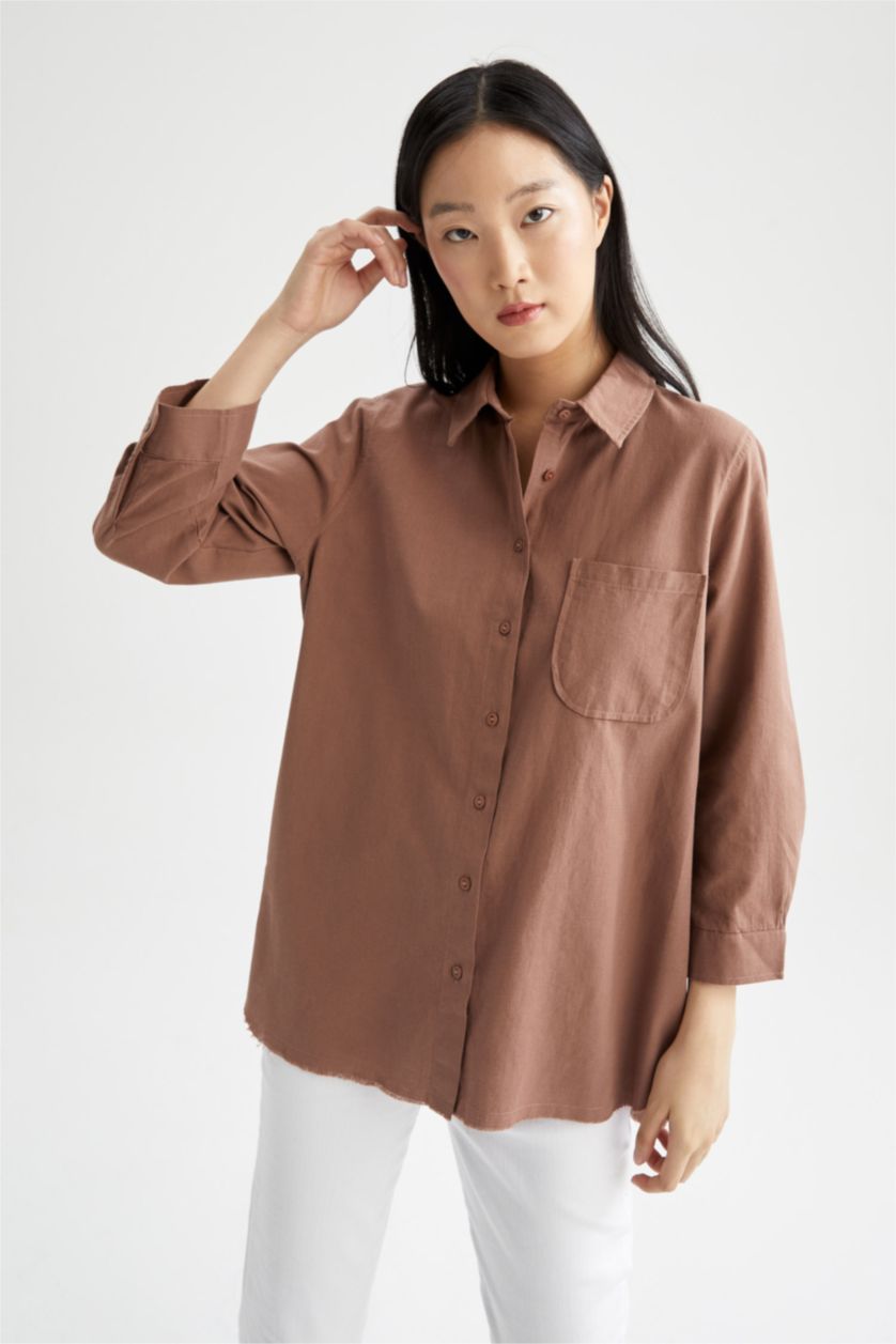 FEMME Marron Clair Chemise tunique en popeline à manches longues et col chemise coupe classique