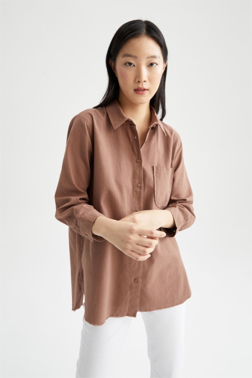 FEMME Marron Clair Chemise tunique en popeline à manches longues et col chemise coupe classique