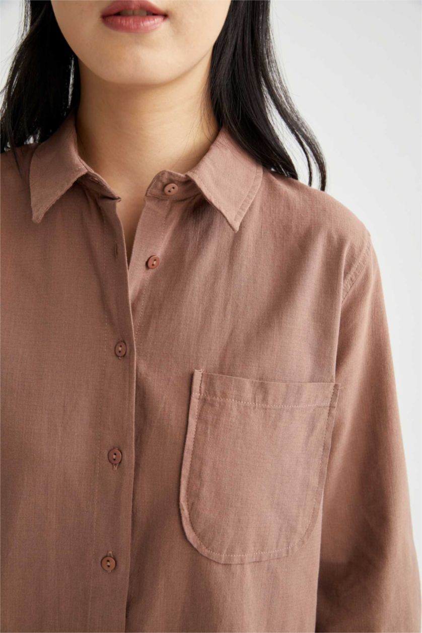 FEMME Marron Clair Chemise tunique en popeline à manches longues et col chemise coupe classique