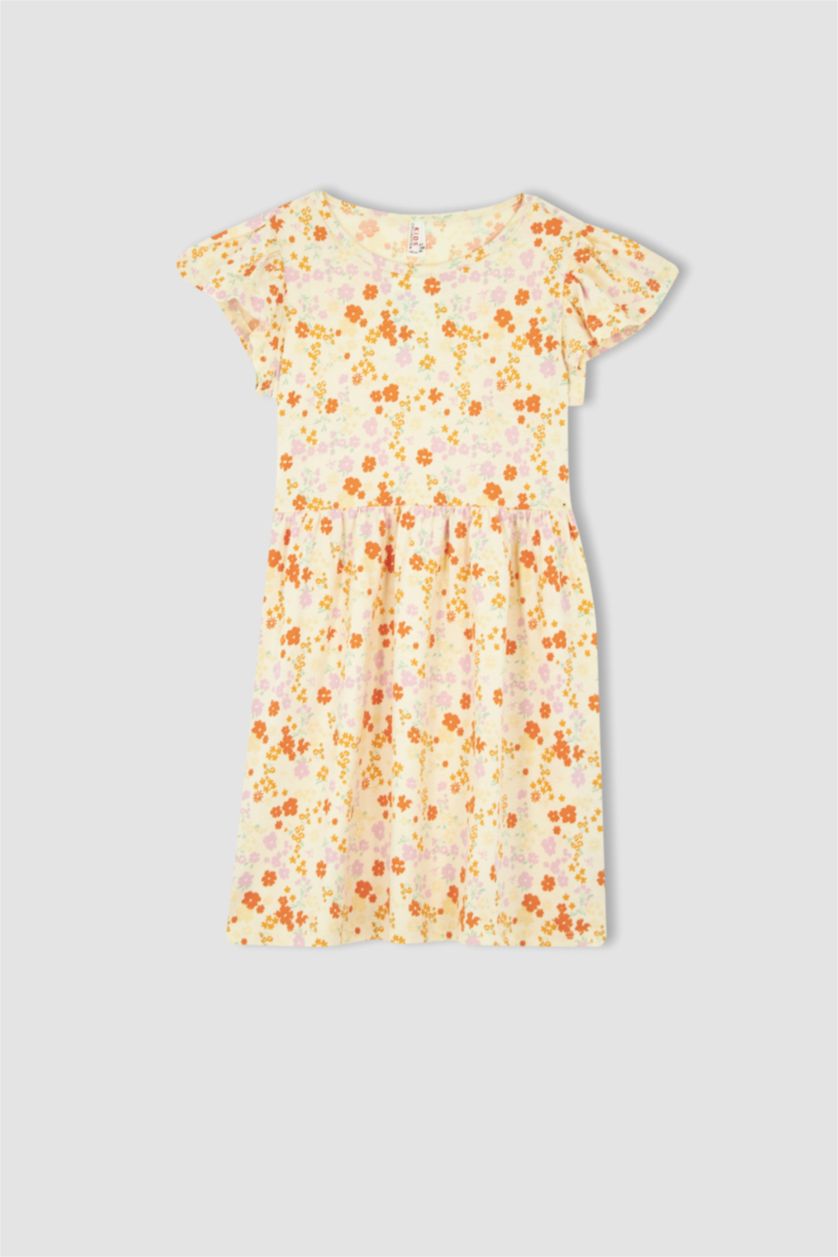 FILLES Écru Robe d'été en coton à manches courtes à motifs pour fille