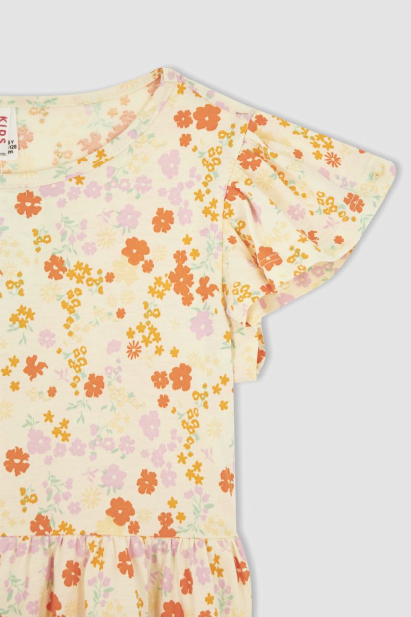 FILLES Écru Robe d'été en coton à manches courtes à motifs pour fille
