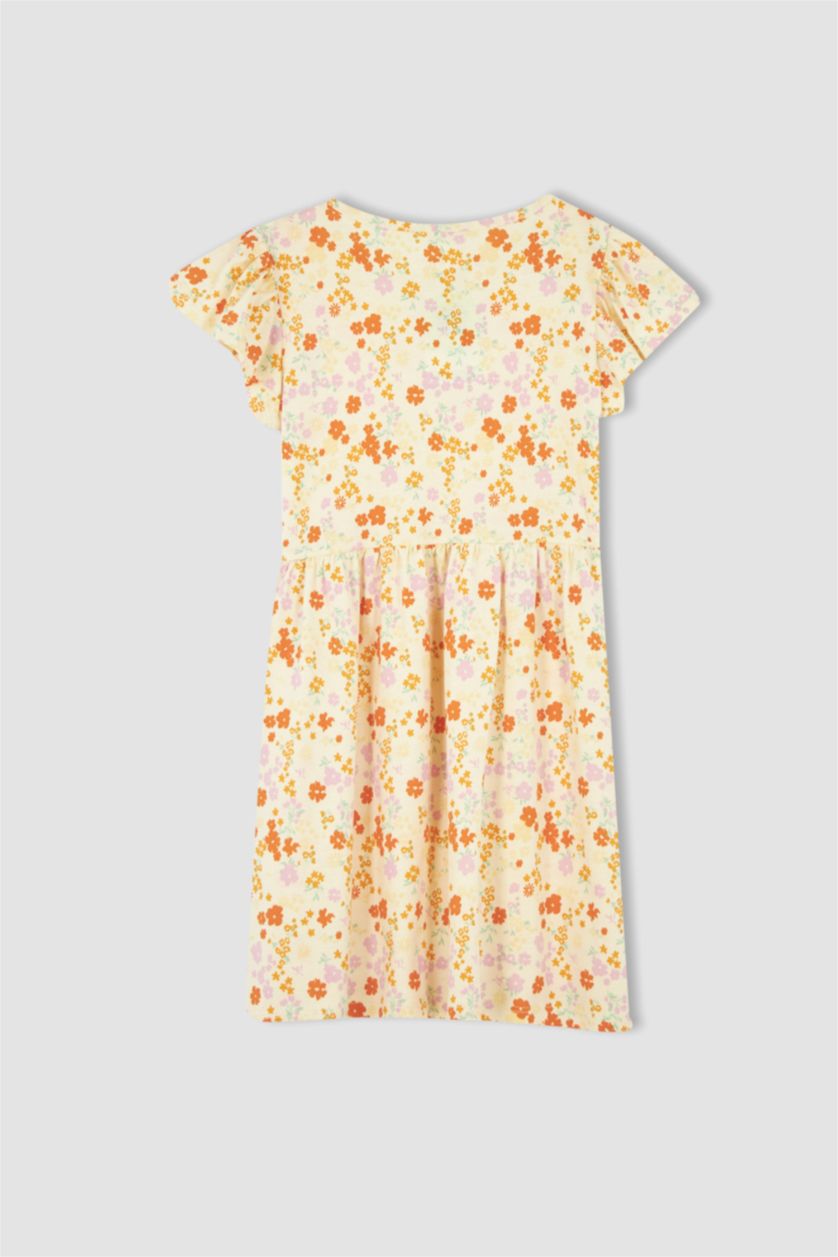 FILLES Écru Robe d'été en coton à manches courtes à motifs pour fille