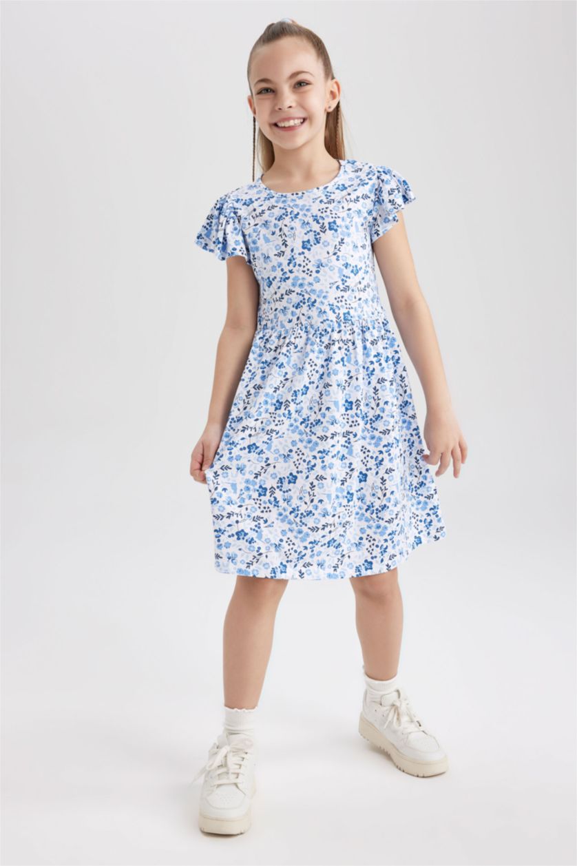GIRLS & TEENS Blue Girl Patterned Short Sleeve Combed Cotton Dress