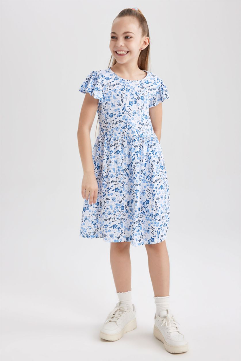 GIRLS & TEENS Blue Girl Patterned Short Sleeve Combed Cotton Dress