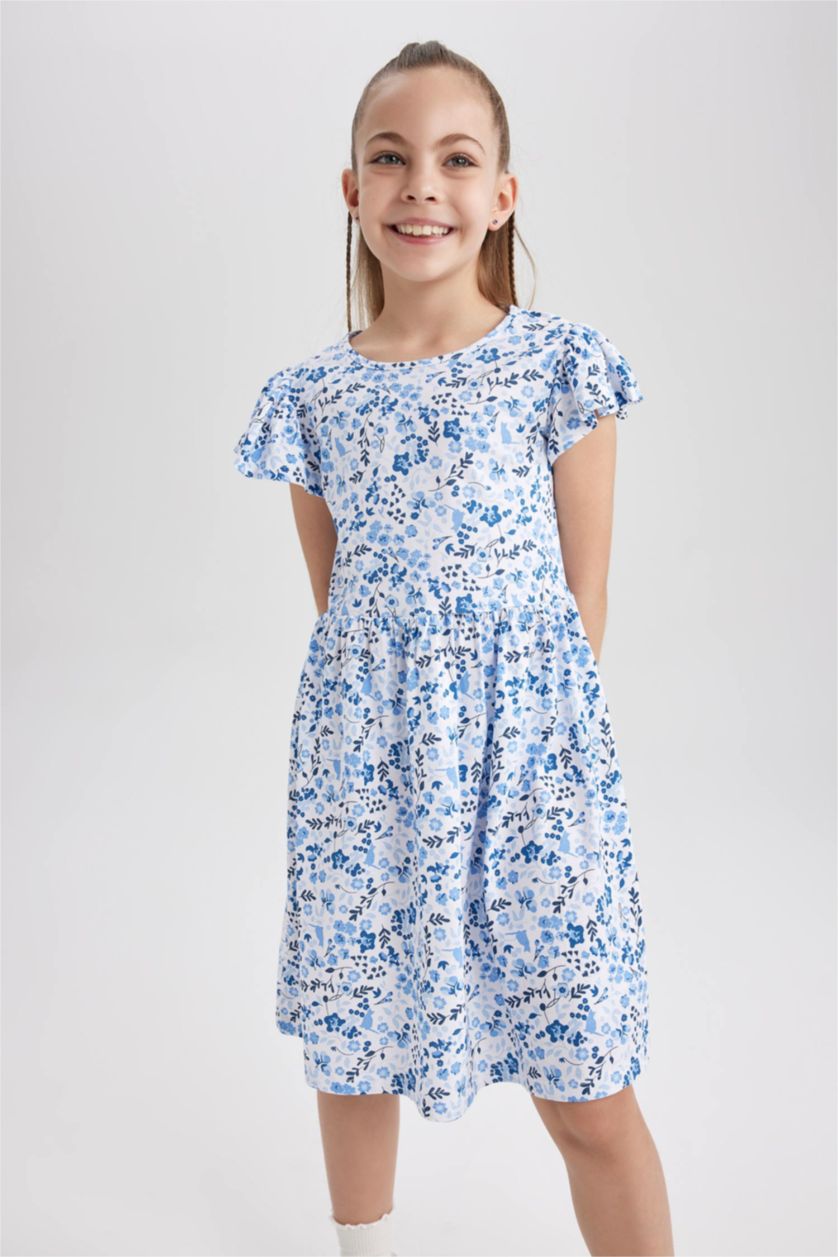 GIRLS & TEENS Blue Girl Patterned Short Sleeve Combed Cotton Dress