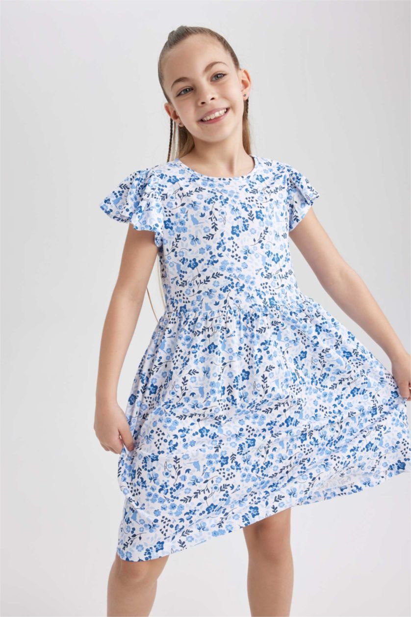 GIRLS & TEENS Blue Girl Patterned Short Sleeve Combed Cotton Dress
