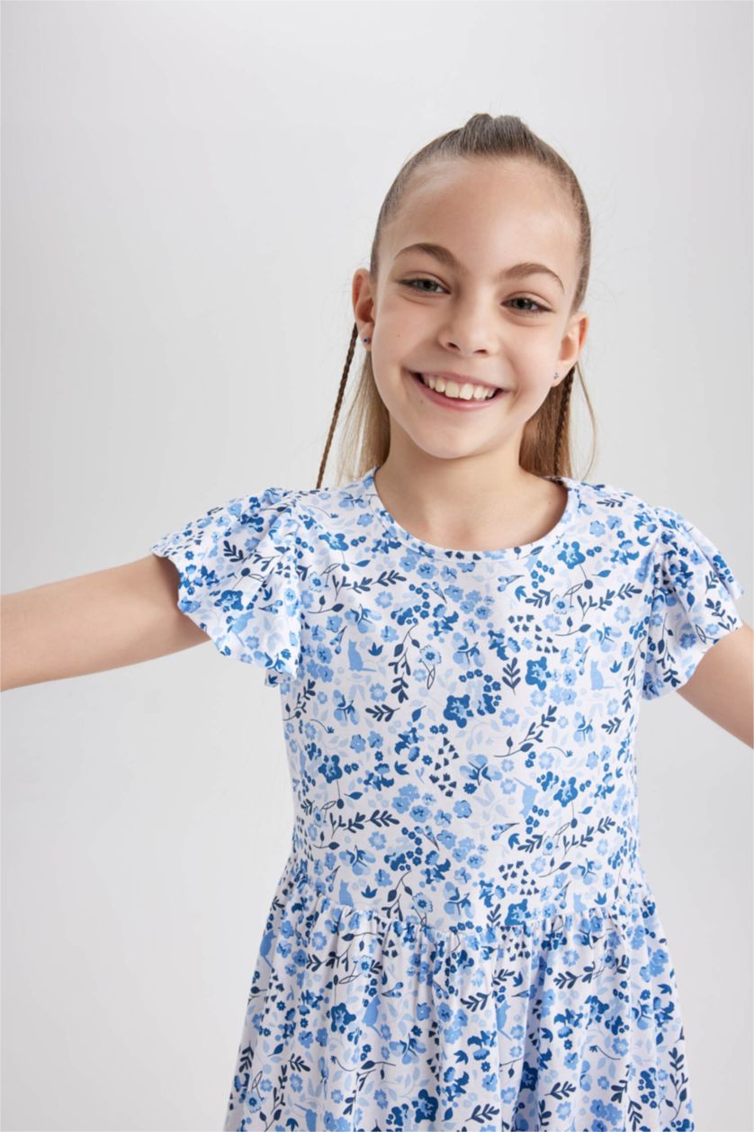 GIRLS & TEENS Blue Girl Patterned Short Sleeve Combed Cotton Dress