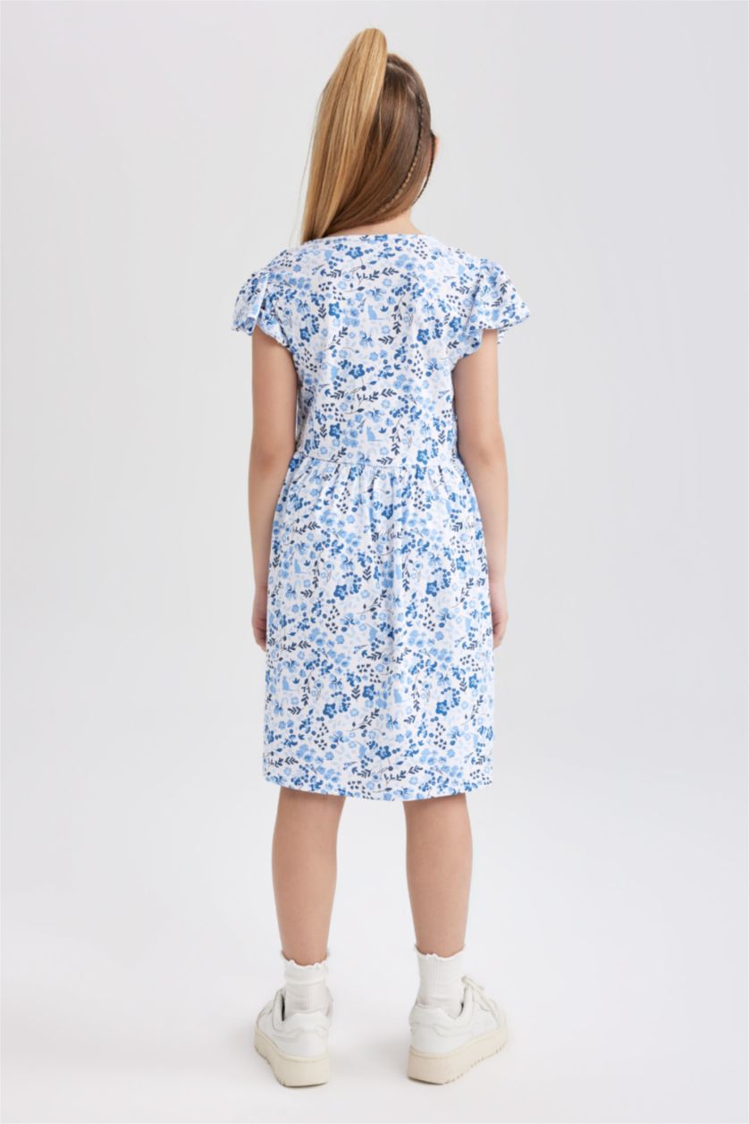 GIRLS & TEENS Blue Girl Patterned Short Sleeve Combed Cotton Dress