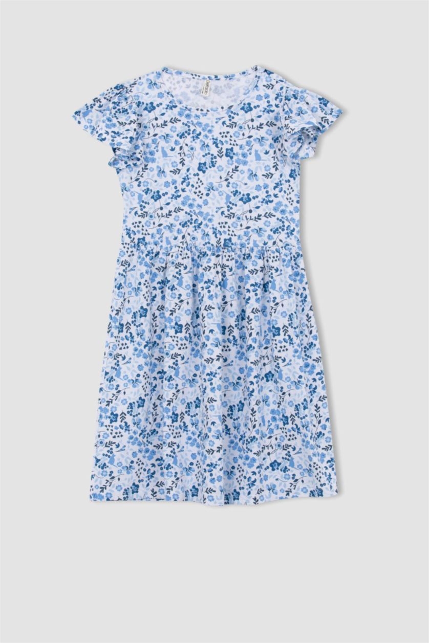GIRLS & TEENS Blue Girl Patterned Short Sleeve Combed Cotton Dress