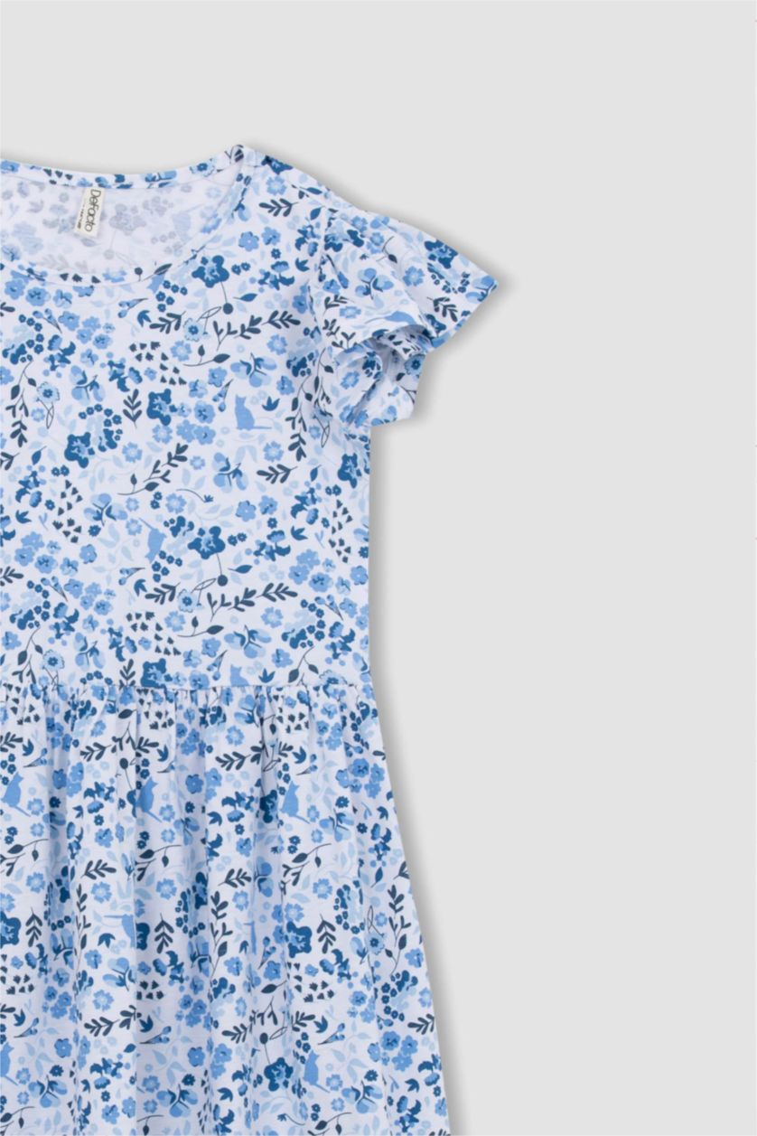 GIRLS & TEENS Blue Girl Patterned Short Sleeve Combed Cotton Dress