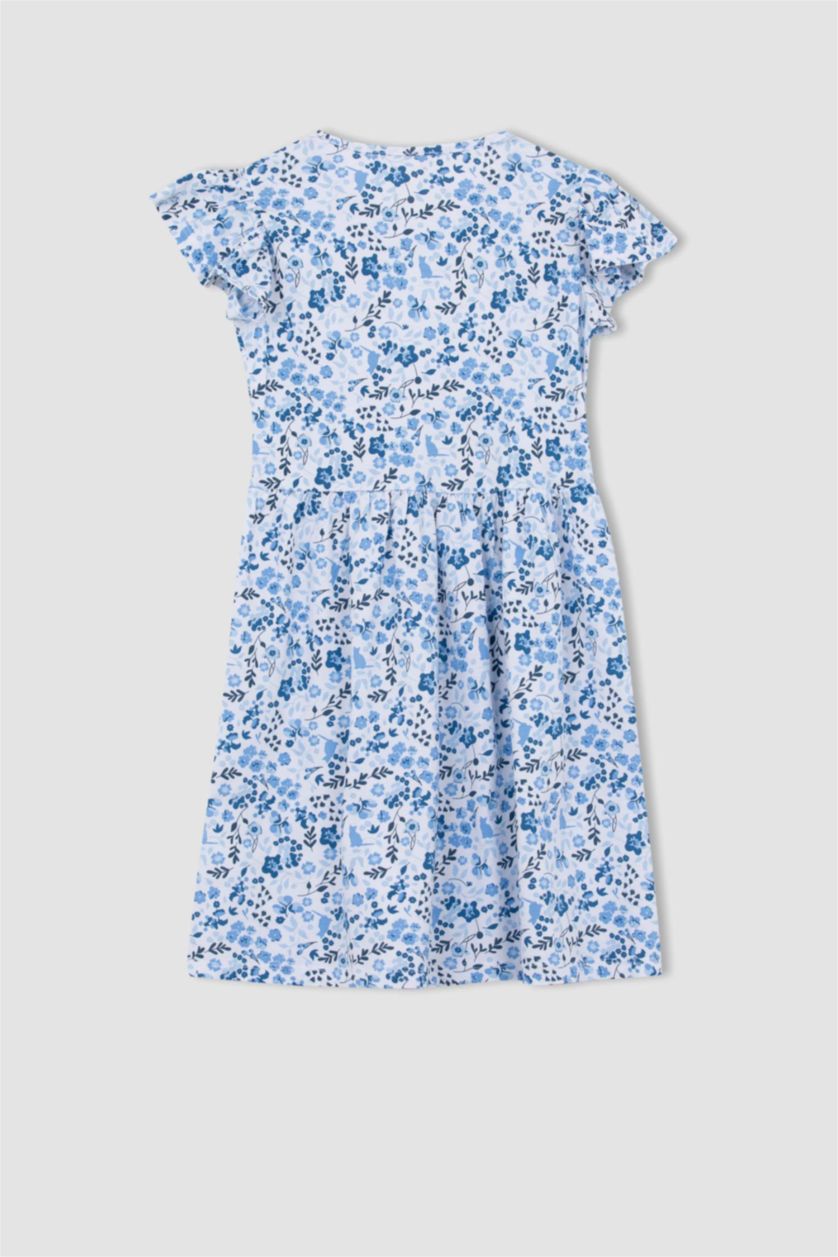 GIRLS & TEENS Blue Girl Patterned Short Sleeve Combed Cotton Dress