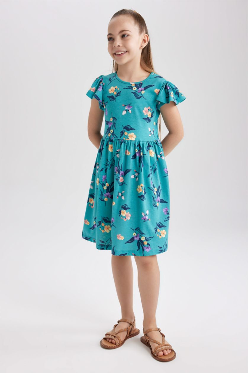 GIRLS & TEENS Green Girl Patterned Short Sleeve Combed Cotton Dress