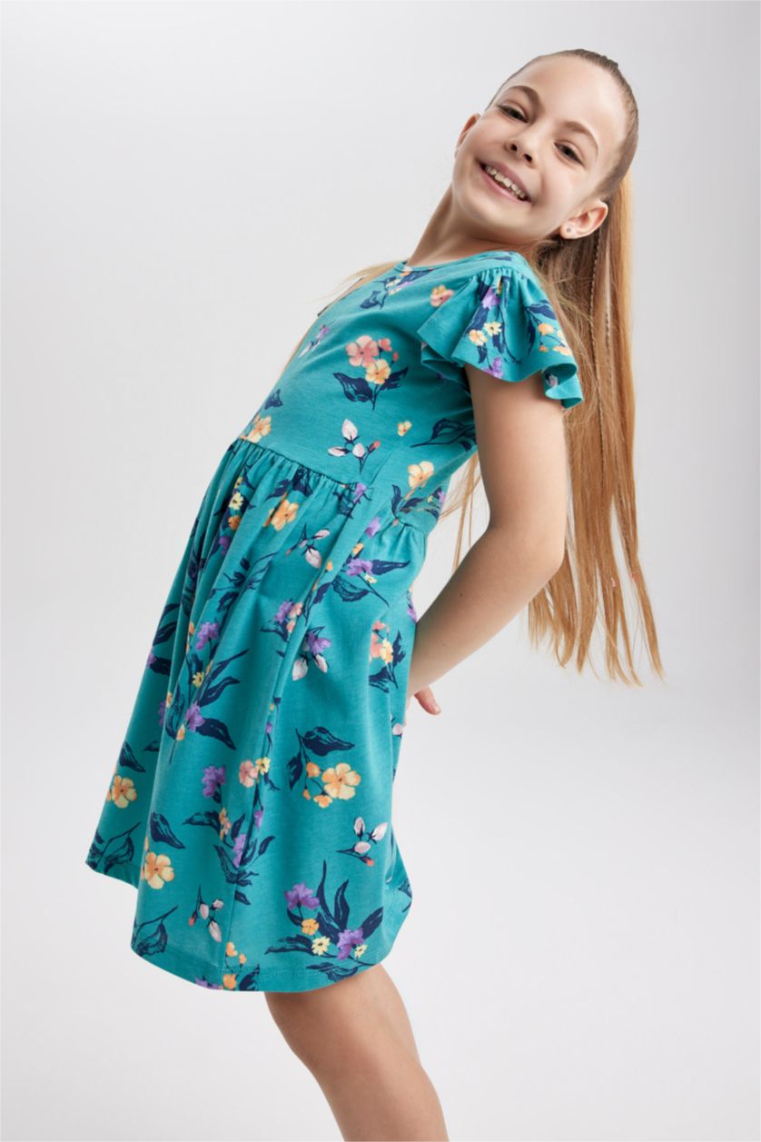 GIRLS & TEENS Green Girl Patterned Short Sleeve Combed Cotton Dress