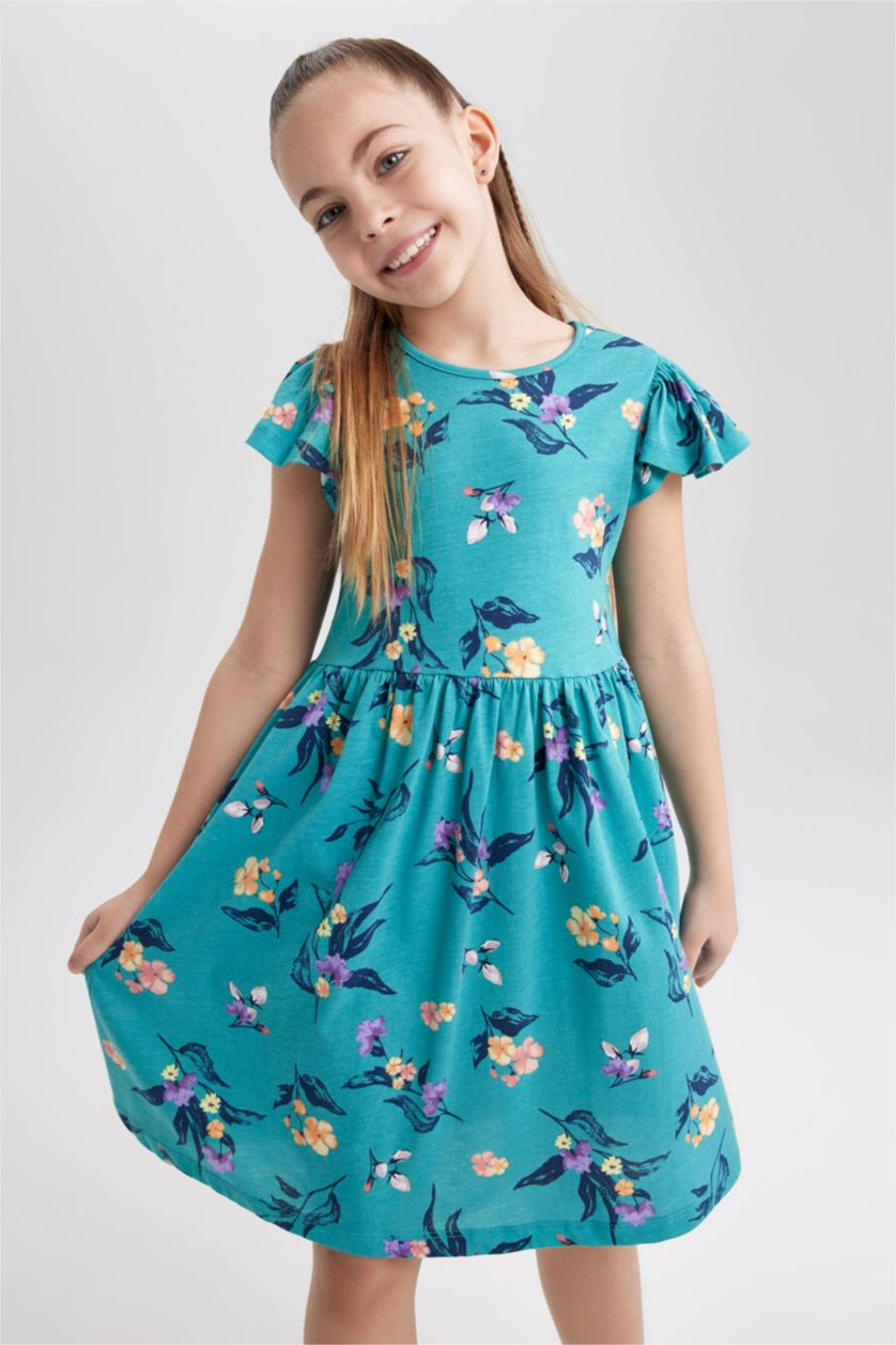GIRLS & TEENS Green Girl Patterned Short Sleeve Combed Cotton Dress