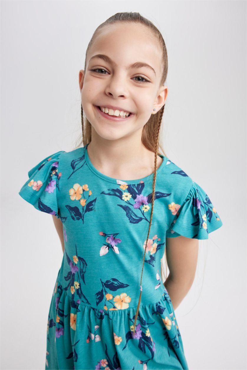 GIRLS & TEENS Green Girl Patterned Short Sleeve Combed Cotton Dress