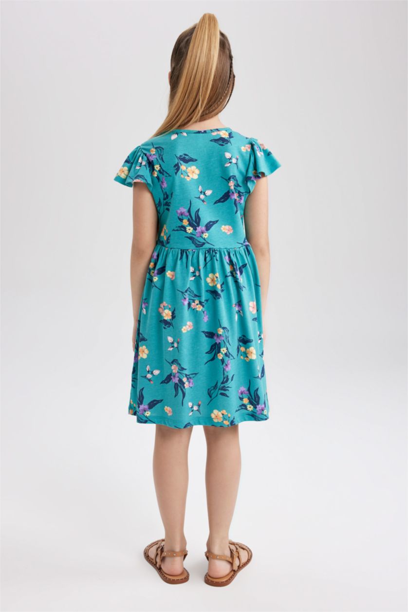 GIRLS & TEENS Green Girl Patterned Short Sleeve Combed Cotton Dress