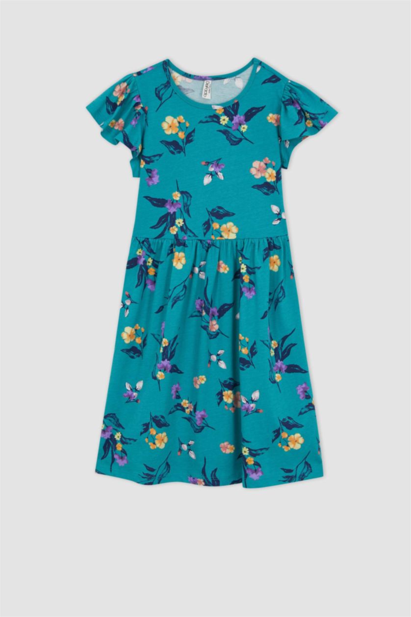 GIRLS & TEENS Green Girl Patterned Short Sleeve Combed Cotton Dress