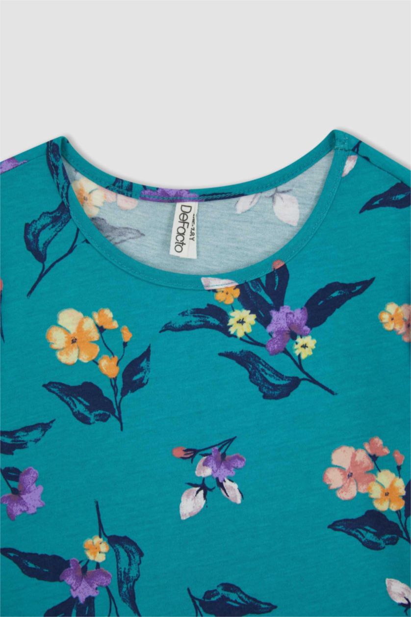 GIRLS & TEENS Green Girl Patterned Short Sleeve Combed Cotton Dress