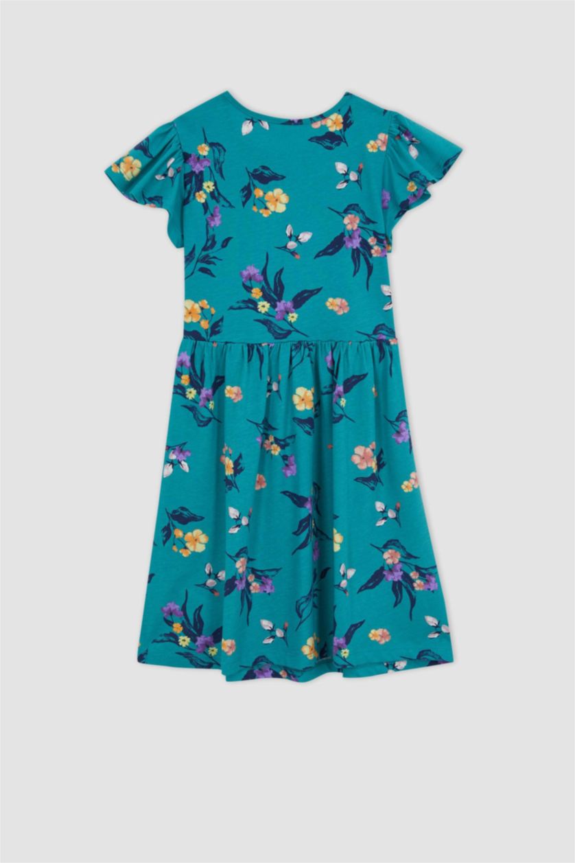 GIRLS & TEENS Green Girl Patterned Short Sleeve Combed Cotton Dress