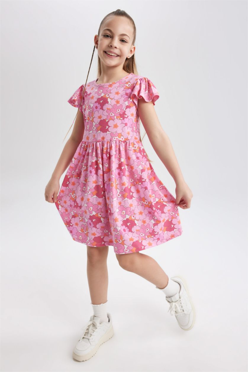 GIRLS & TEENS Pink Girl Patterned Short Sleeve Combed Cotton Dress