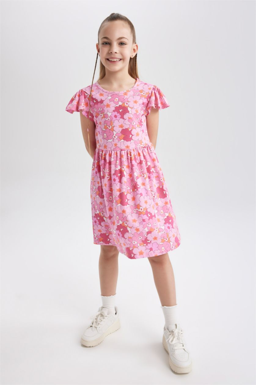 GIRLS & TEENS Pink Girl Patterned Short Sleeve Combed Cotton Dress