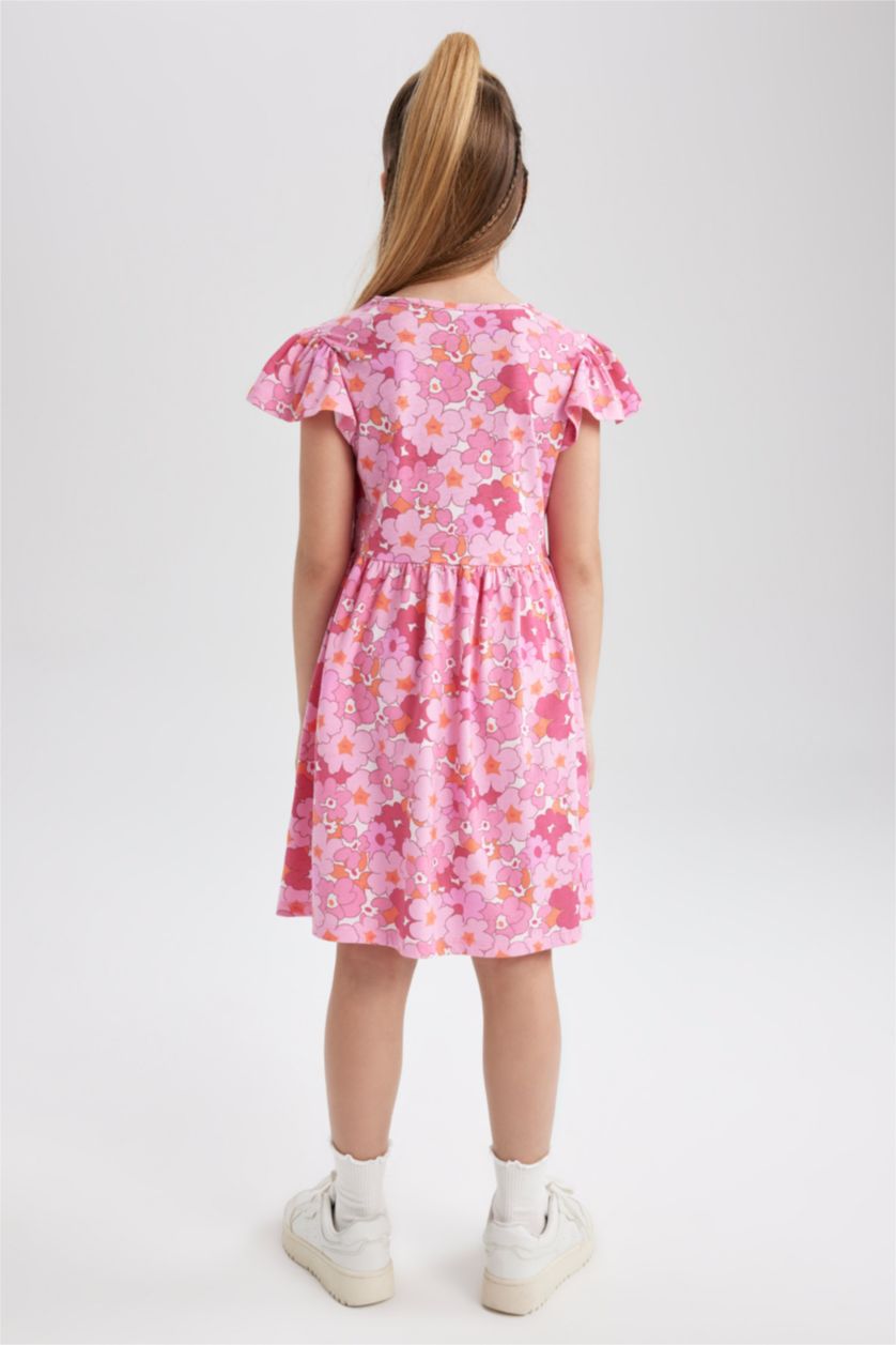 GIRLS & TEENS Pink Girl Patterned Short Sleeve Combed Cotton Dress