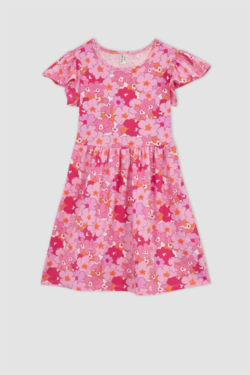 GIRLS & TEENS Pink Girl Patterned Short Sleeve Combed Cotton Dress