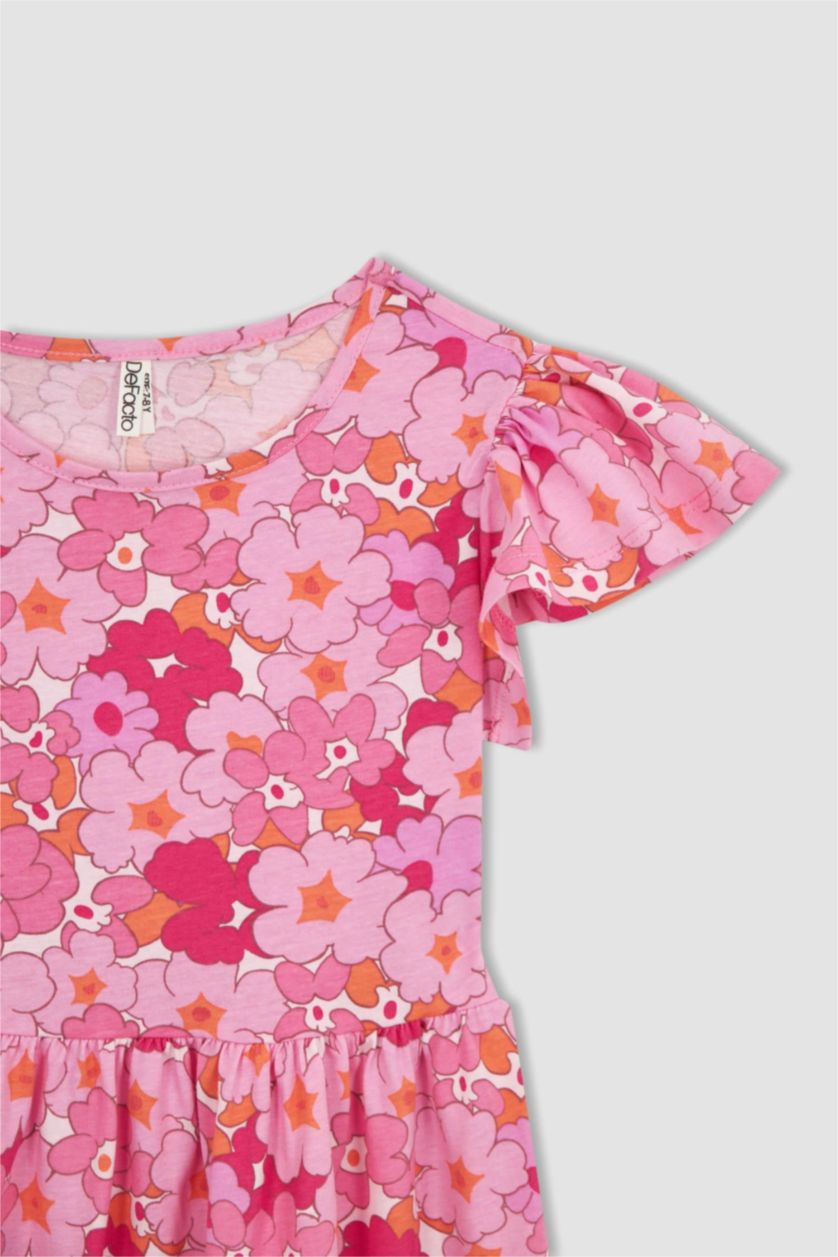 GIRLS & TEENS Pink Girl Patterned Short Sleeve Combed Cotton Dress